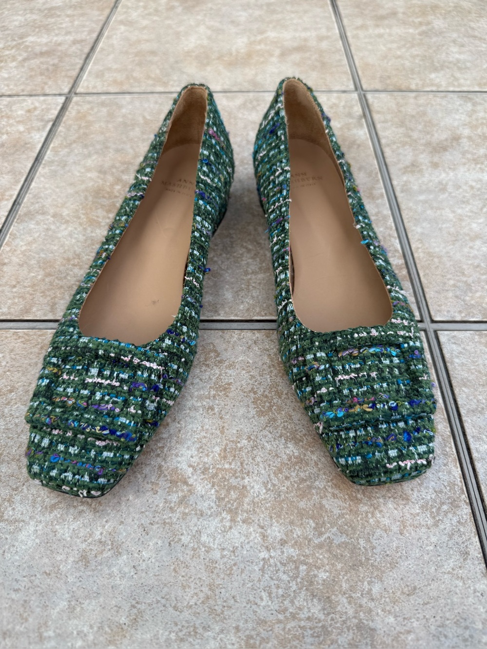 Ann Mashburn green tweed block heels